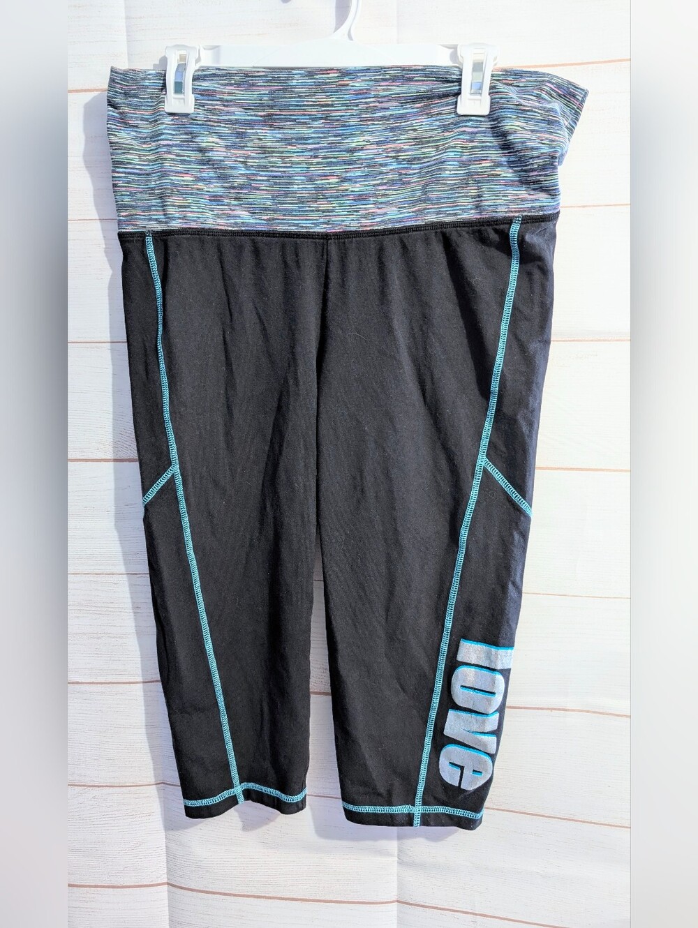 Y2K Material Girl Black Capri Leggings with Multicolor Foldover Waistband Size L